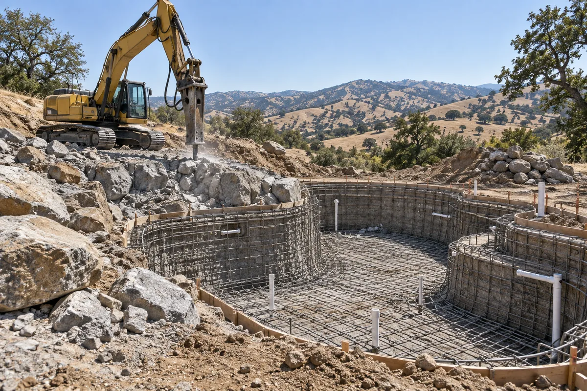 An excavator with a hydraulic hammer breaking granite beside a pool shell of tied steel rebar, with the foothills behind it.