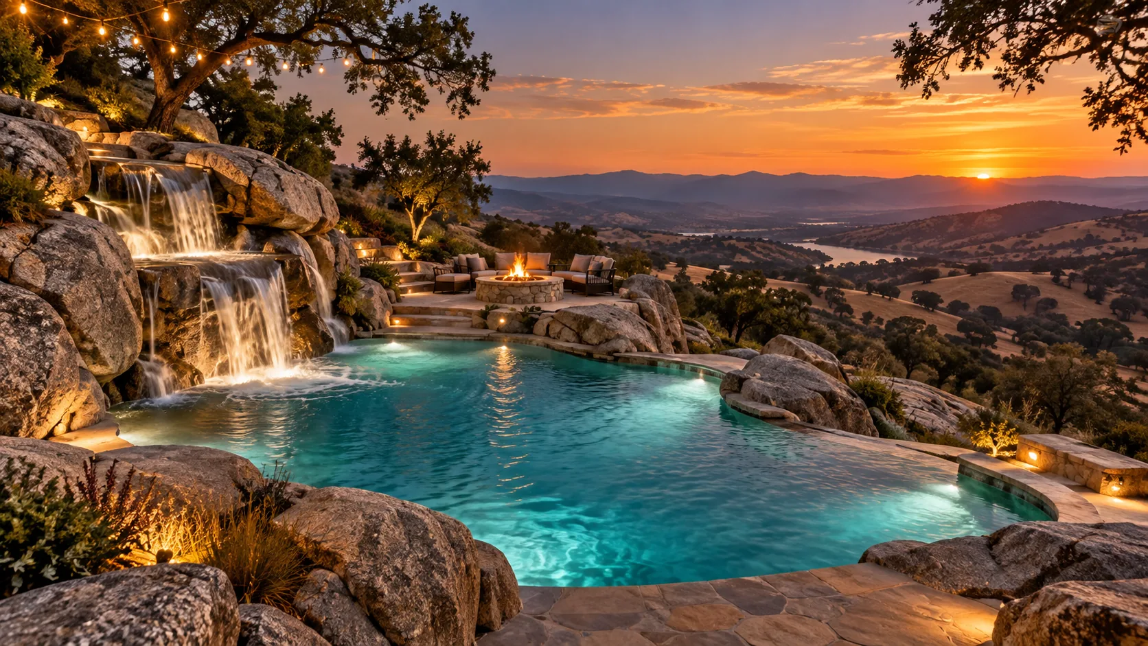 A hilltop swimming pool set into granite boulders, with a waterfall, a sunken fire pit and a view across the foothills at sunset.