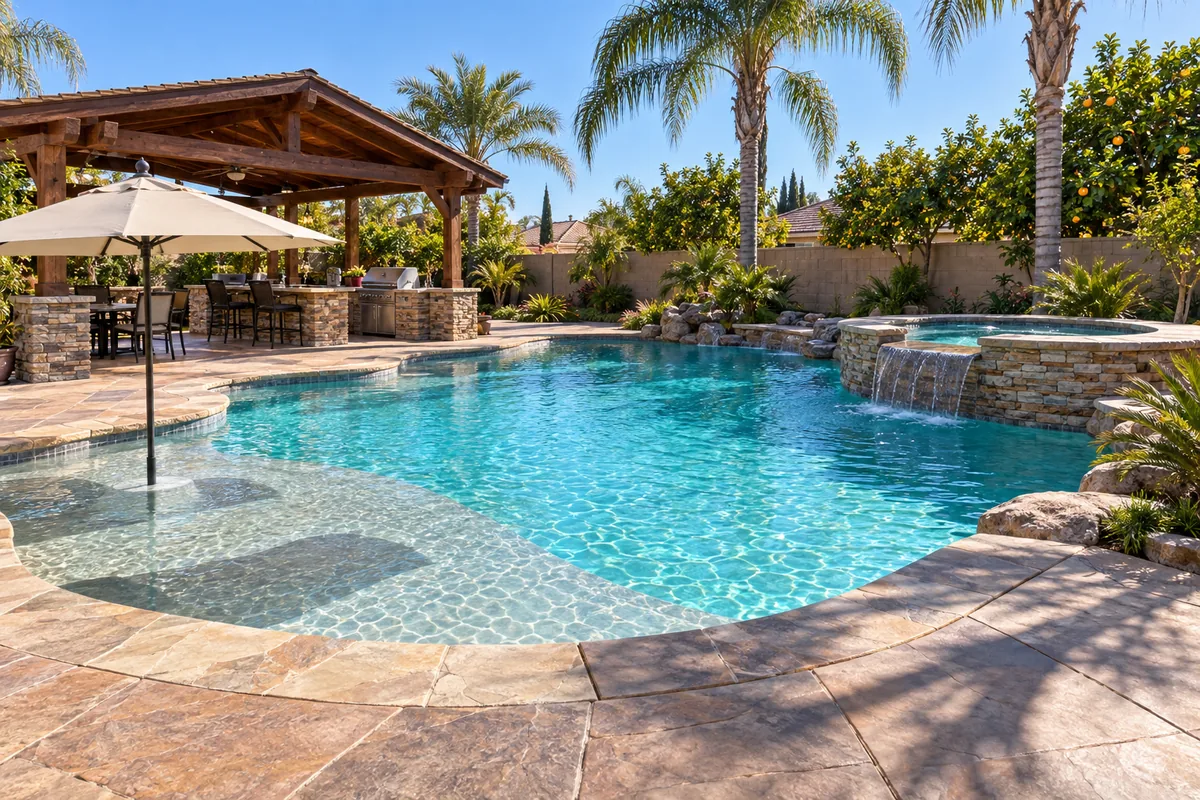 A freeform pool with a tanning shelf, a raised spa with a spillover, and a timber pergola with an outdoor kitchen in a Fresno backyard.