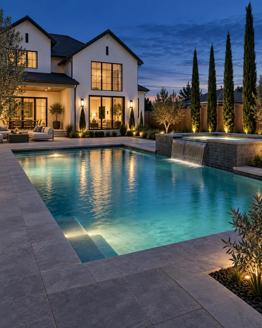 A rectangular pool lit from within at dusk, with a raised spa spilling into it and a white farmhouse-style home behind.