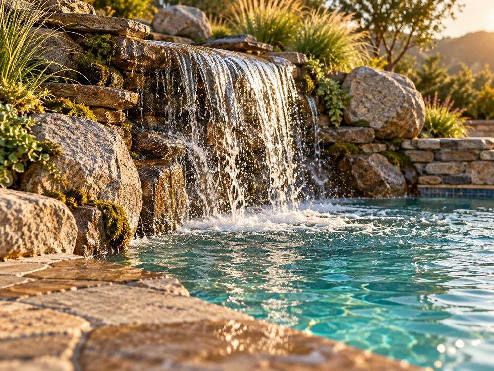 A stacked stone waterfall sheeting into the clear turquoise water of a pool, with ornamental grasses between the boulders.